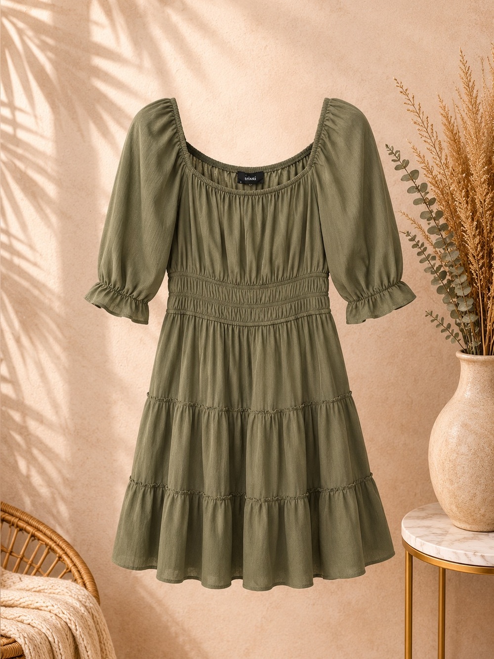 Trixxi Olive Square-Neck Tiered Midi Dress